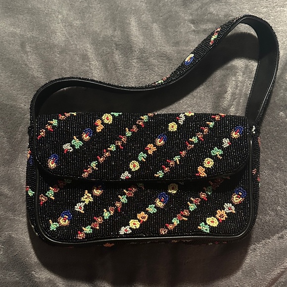Anthropologie Handbags - Anthropologie Black Floral Beaded Shoulder Bag